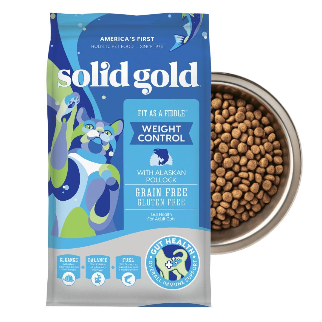 Solid Gold weight management cat food bowl setup shows lean mealtime potential.