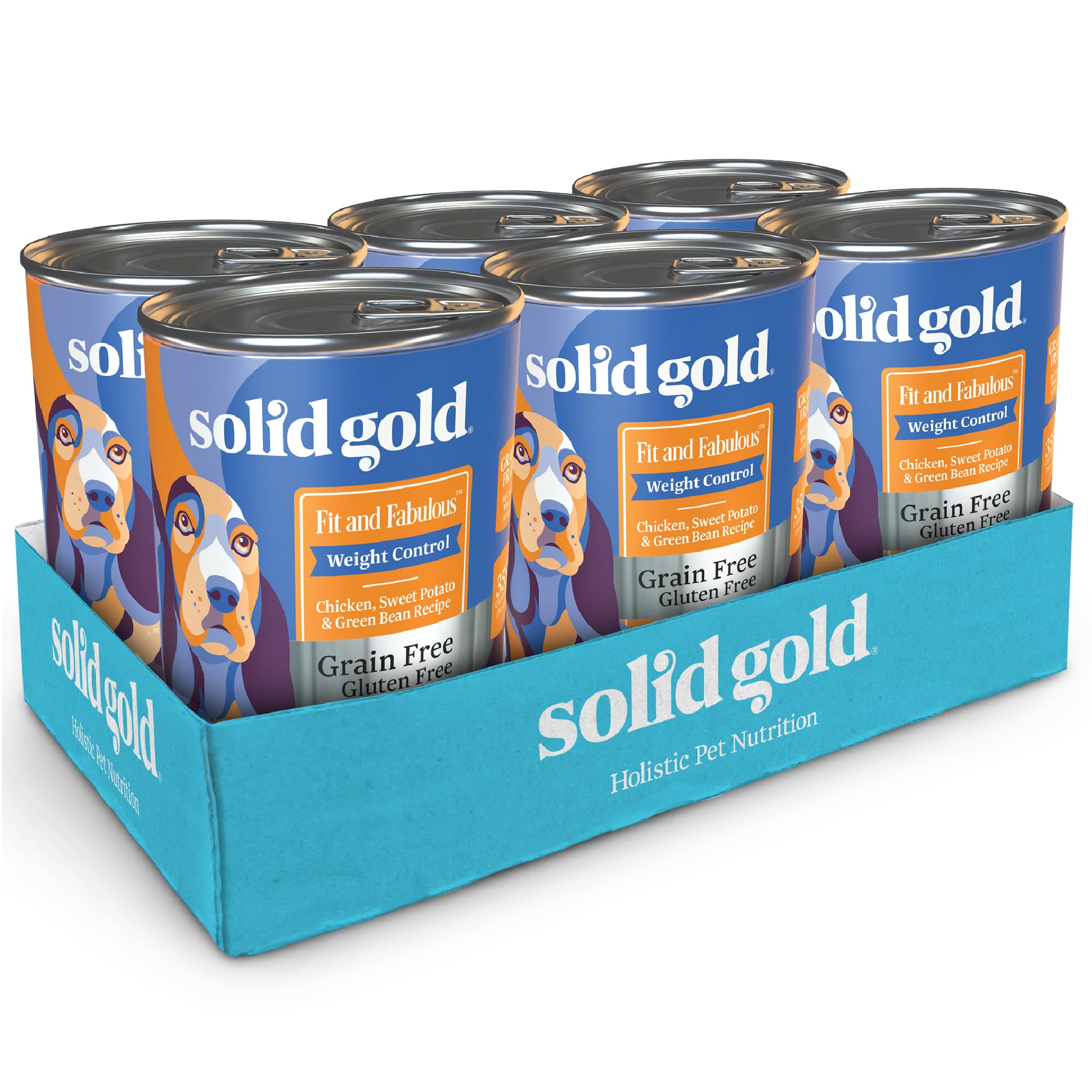 Solid Gold Weight Management wet dog food chicken-liver can featuring protein-rich dinner option