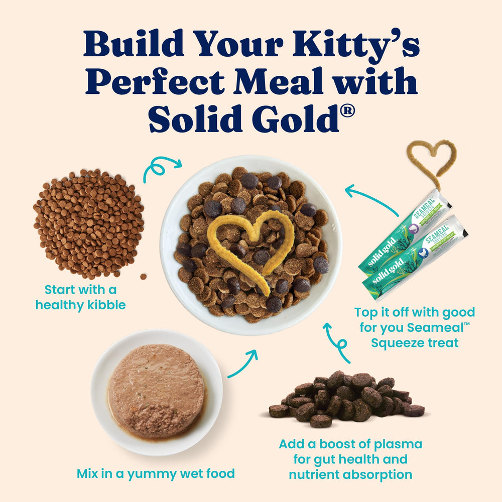 Solid Gold wet cat food pate grain-free-gluten-free label communicates allergy-friendly nutrition for sensitive cats