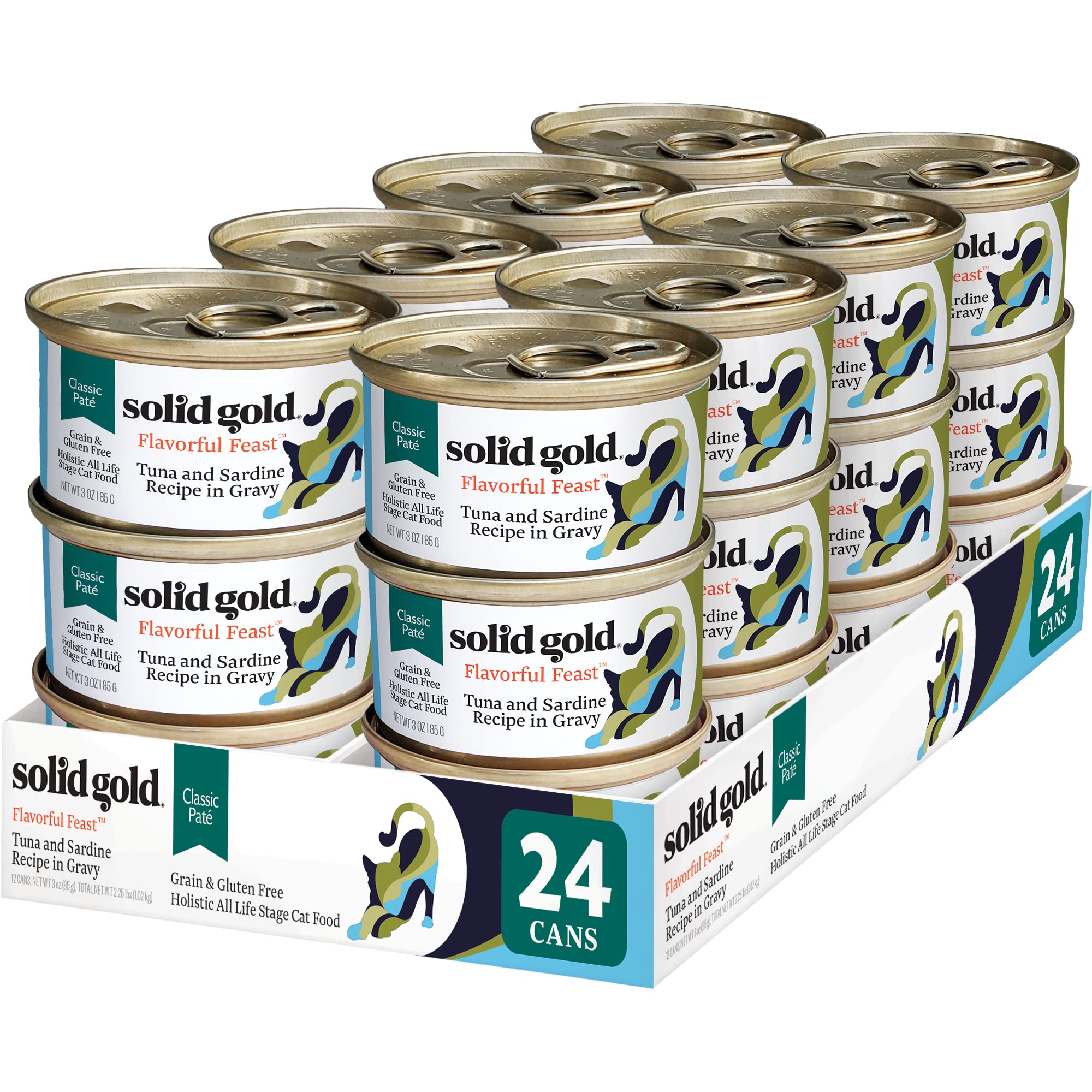 Solid Gold wet cat food pate tuna-sardine closeup highlights protein-rich texture for picky eaters