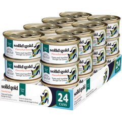 Solid Gold wet cat food pate tuna-sardine closeup highlights protein-rich texture for picky eaters