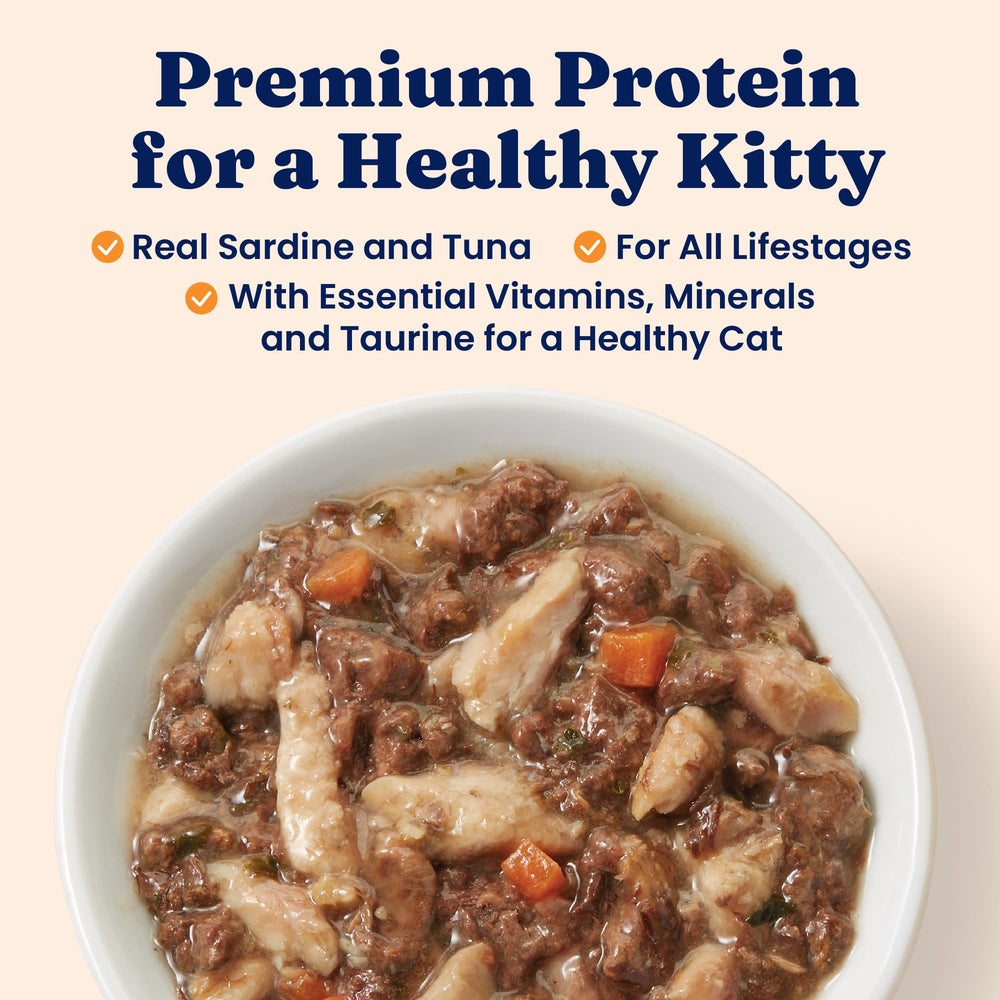 Solid Gold wet cat food shreds in gravy served in a bowl—protein-dense meal option.
