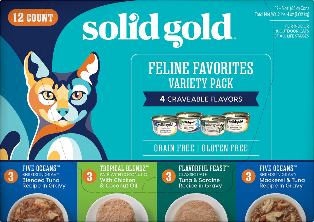 Solid Gold wet cat food variety pack front view showcases meal variety for cats.