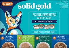 Solid Gold wet cat food variety pack front view showcases meal variety for cats.