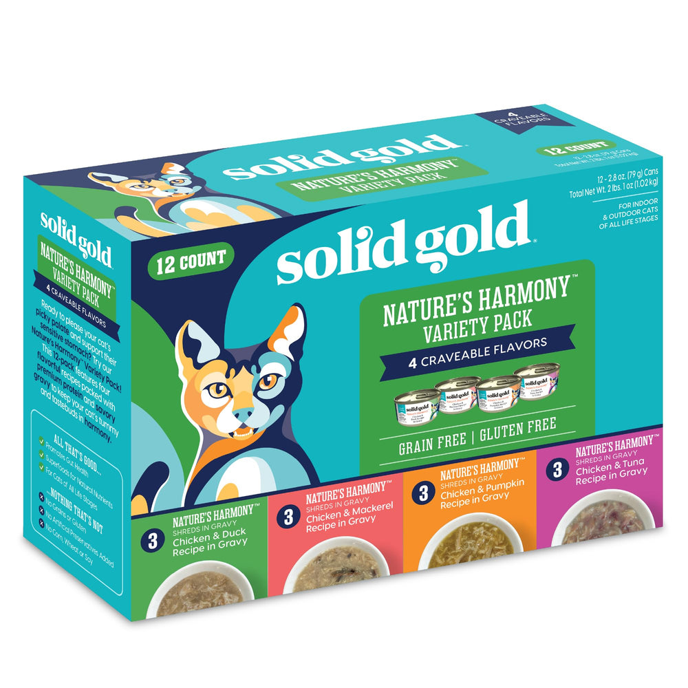 Solid Gold wet cat food can-top opened with shreds in gravy for hydration.