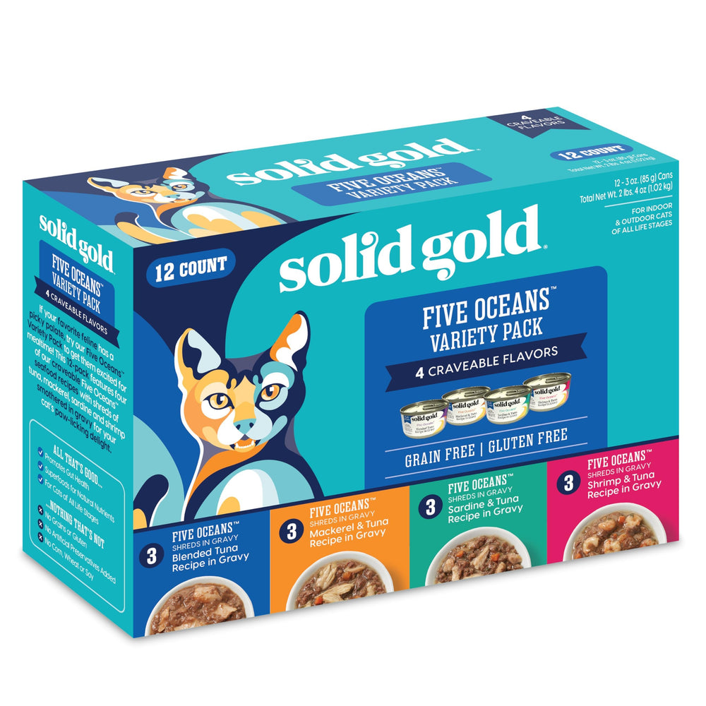 Solid Gold wet cat food variety pack shreds in gravy tuna bowl, hydrating and flavorful meal
