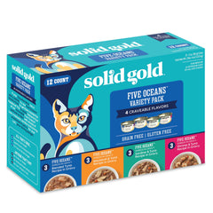 Solid Gold wet cat food variety pack shreds in gravy tuna bowl, hydrating and flavorful meal