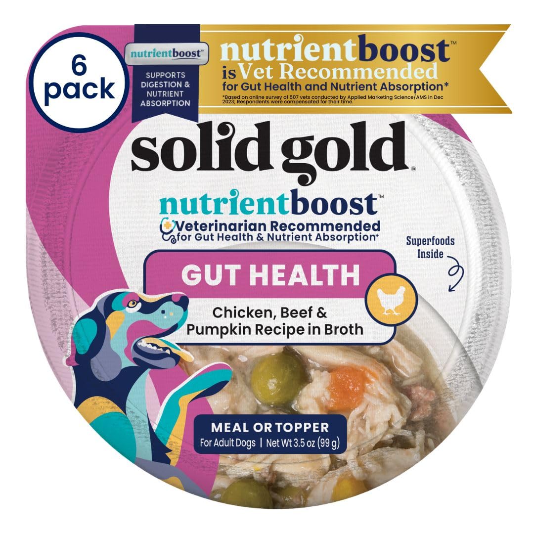Solid Gold wet-dog-food-topper front cups showing chicken beef pumpkin for gut-friendly meals