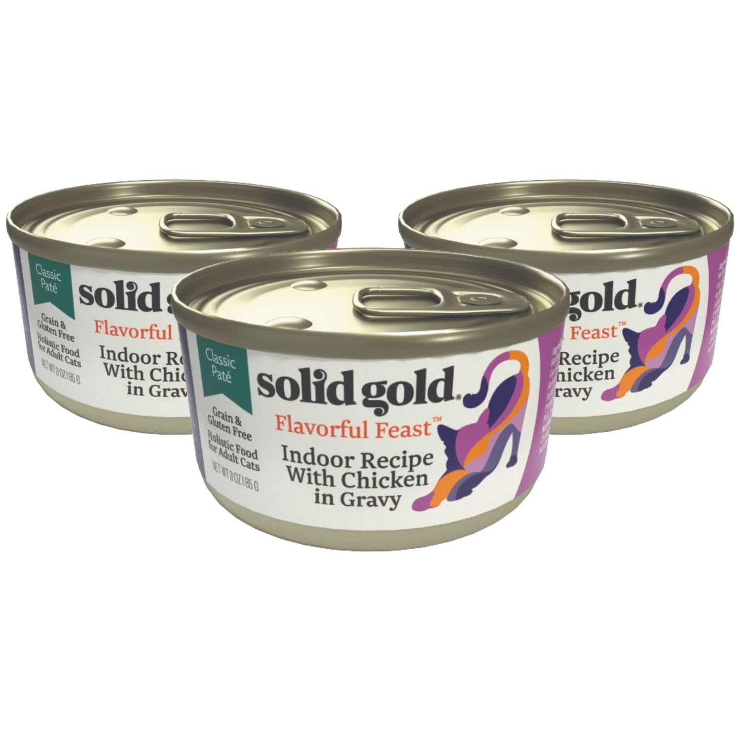 Solid Gold Wet Food Pate Flavorful Feast front label shows real chicken and grain free recipe for sensitive stomachs