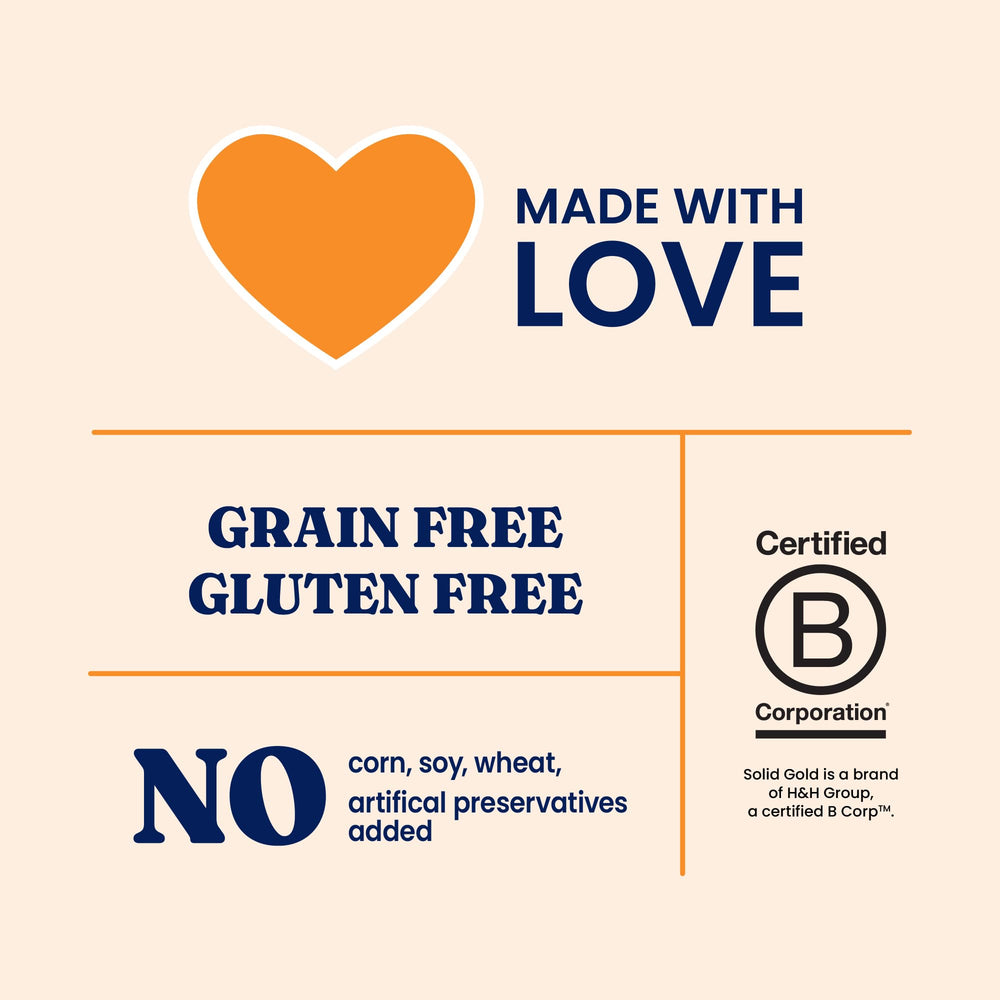 Solid Gold grain free cat formula image emphasizes no grains and gentle nutrition