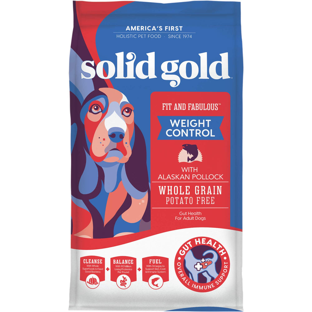 Solid Gold whole-grain diet kibble supports fiber-rich digestion and fullness.