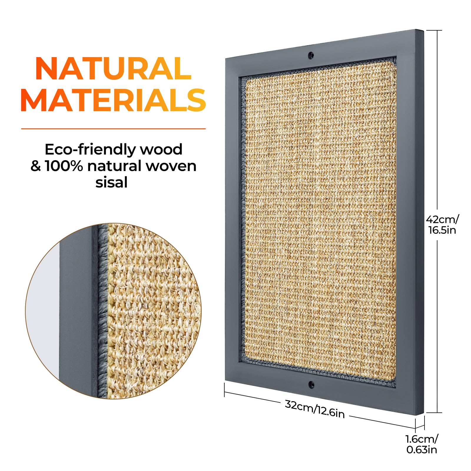 SolidChoice wall-mounted vertical scratcher shows natural wood and sisal for durable scratching.
