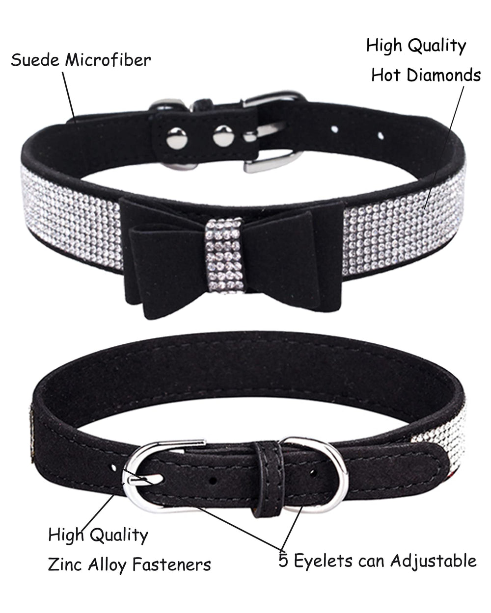 SOLMOONY Bling dog collar black on hands demonstrating adjustable length