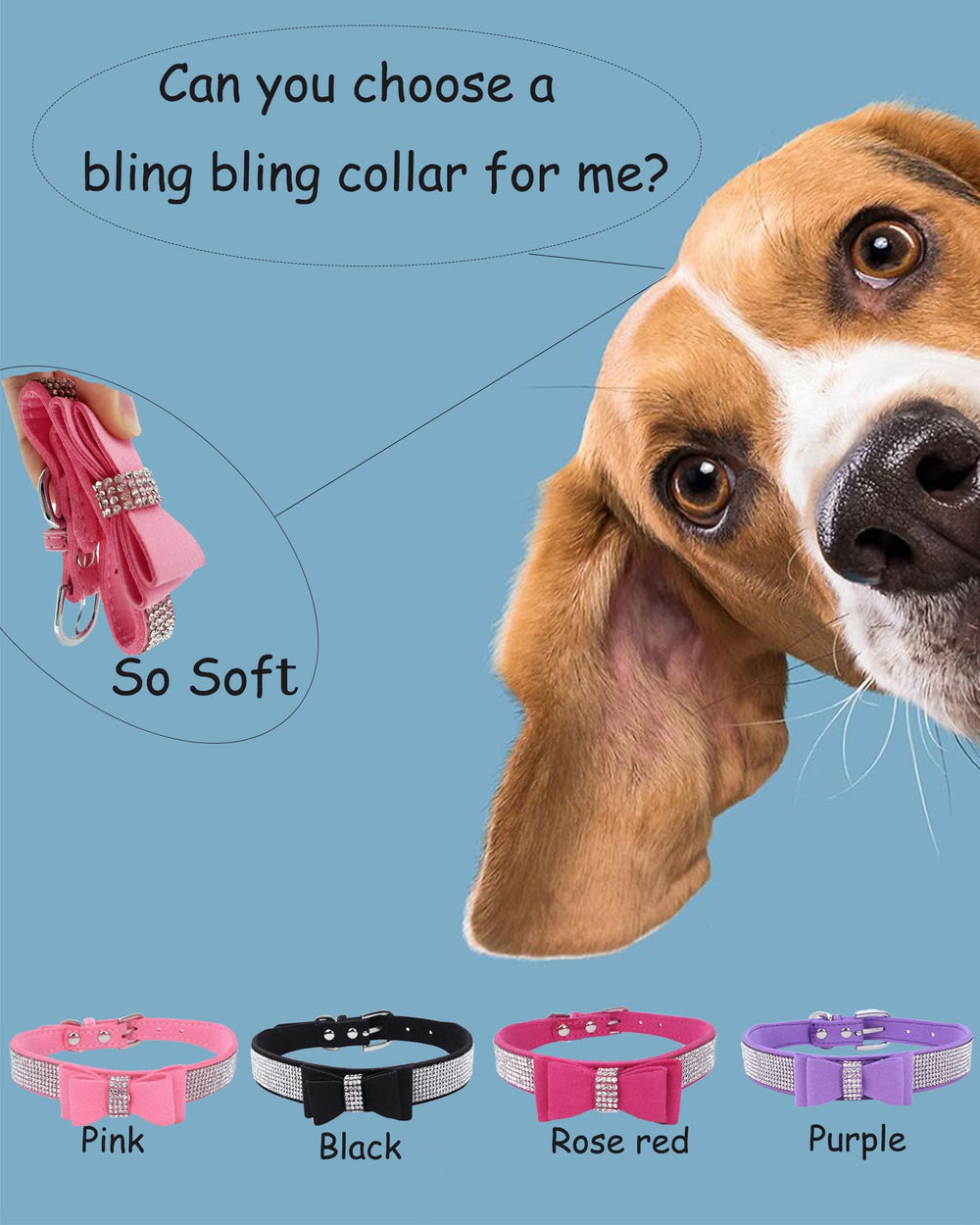SOLMOONY Bling dog collar pink close-up showing adjustable, comfortable fit for small dogs