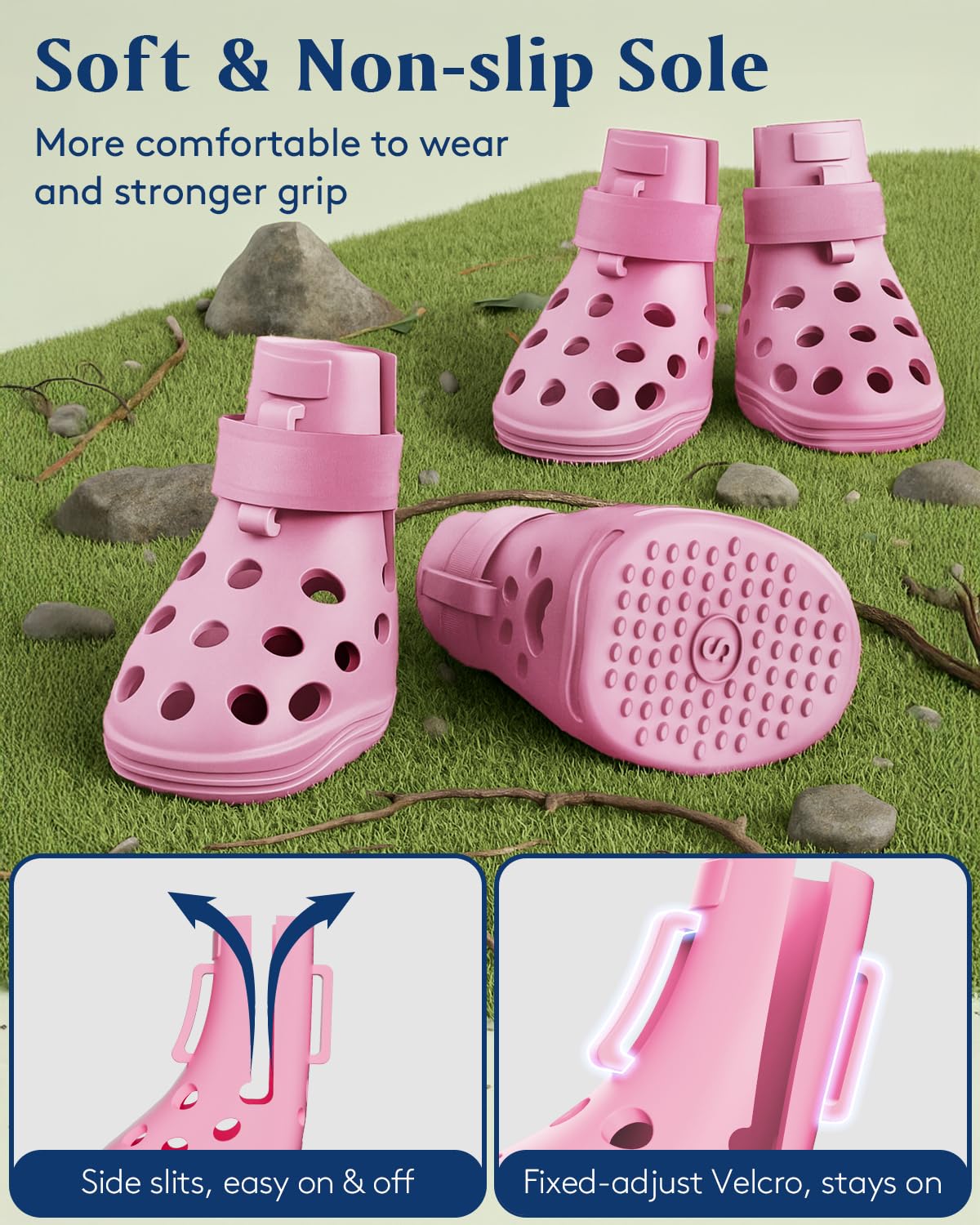 SOLOWINNER dog boots with adjustable straps secure a snug fit for outdoor adventures.