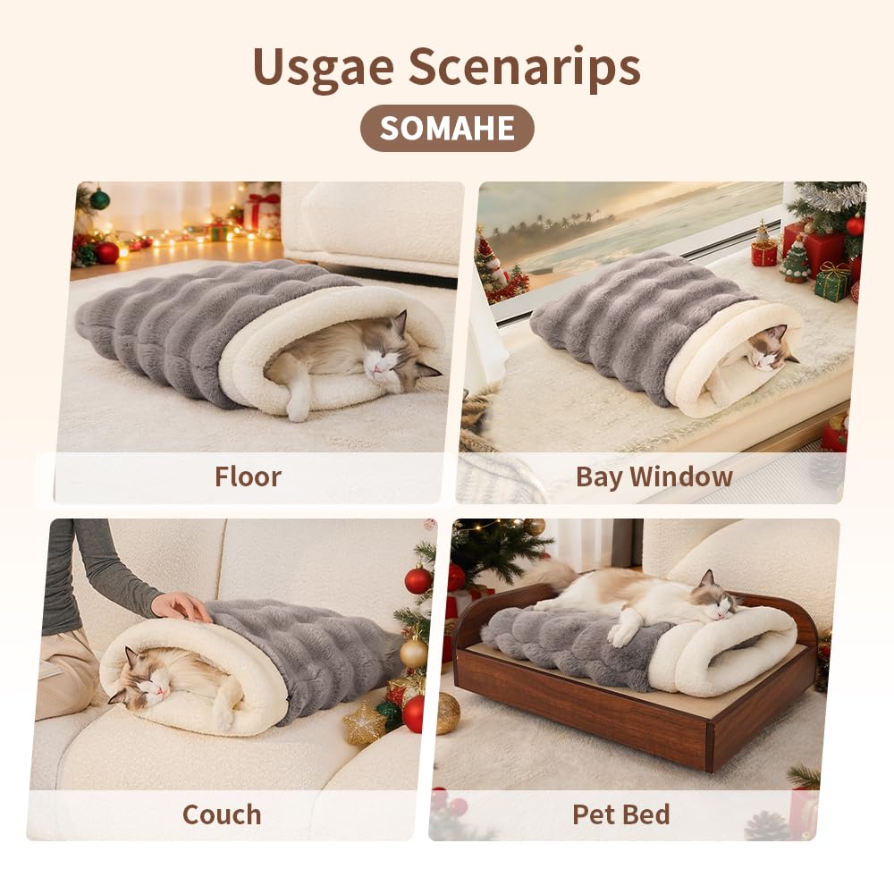 SOMAHE cat sleeping bag shown on couch or car for versatile warmth.