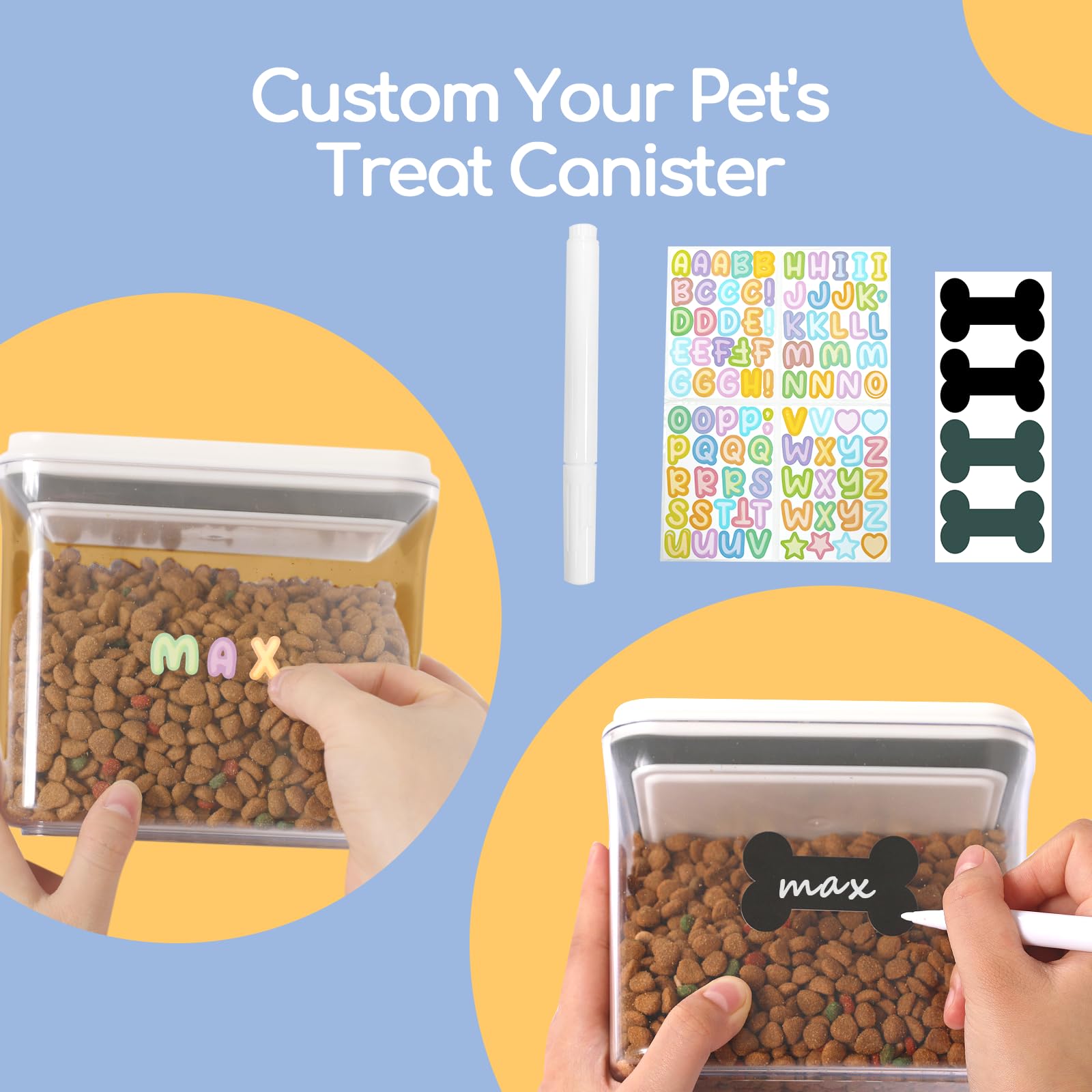 Somkaco chalkboard labels and pen for personalization of pet snacks.