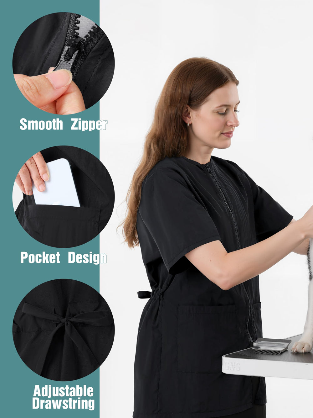 SOMSOC full-zipper grooming smock enables quick wear during busy salon days.