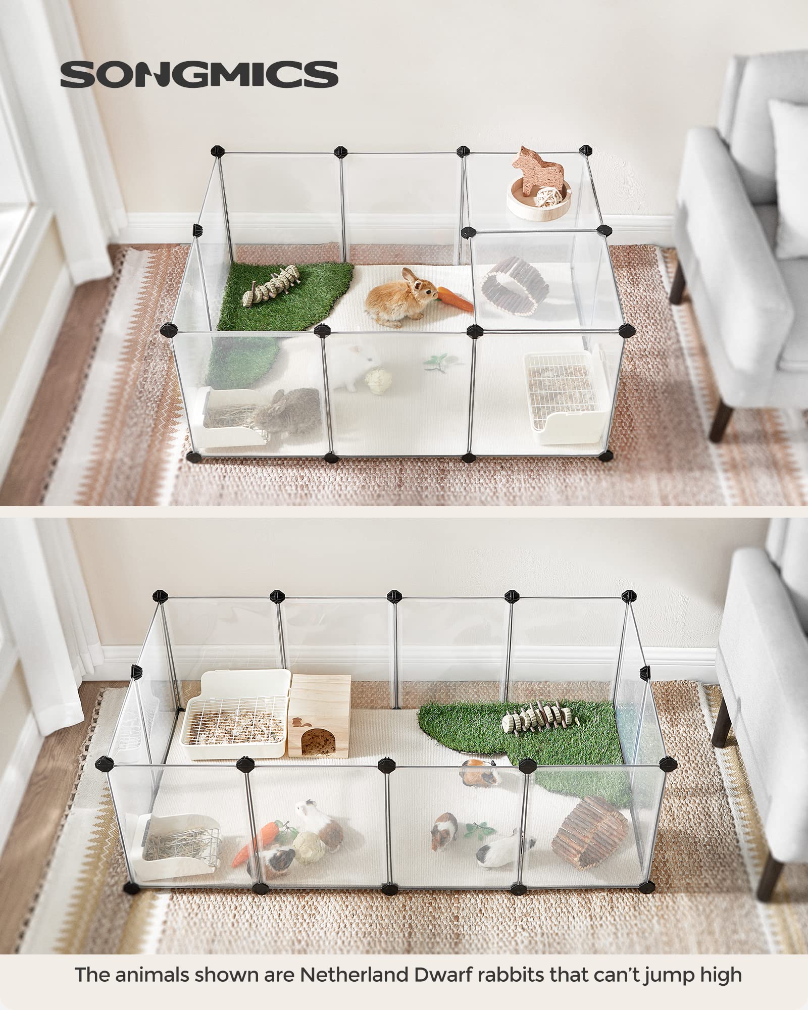 Songmics pet playpen floor protection safeguards indoor flooring during play.