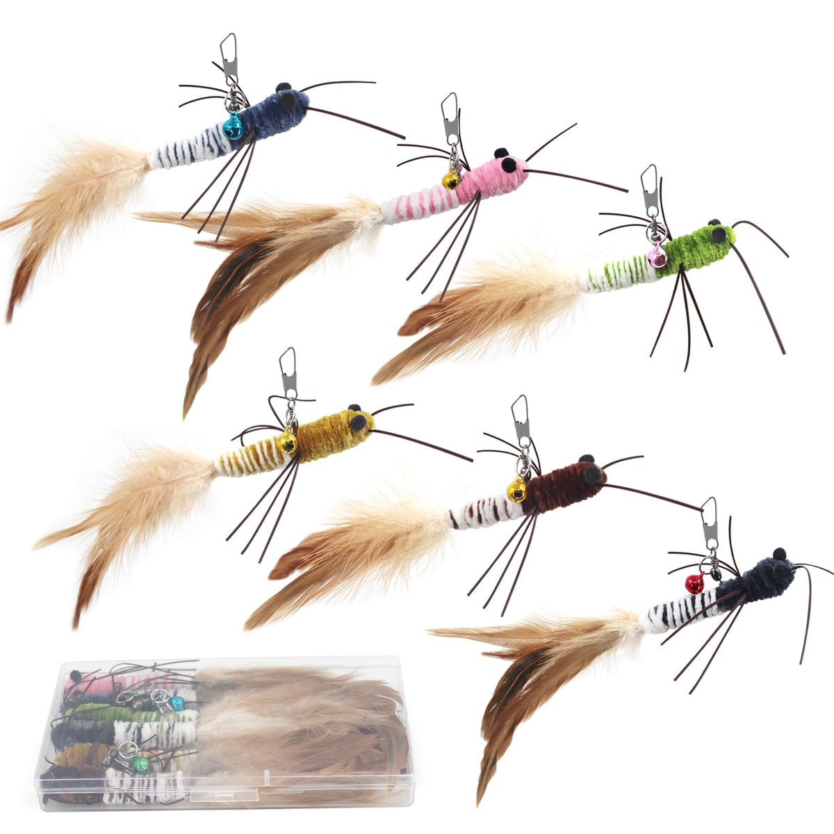 SongWay worm feather toy with bells for cats in six colors attracts attention during play.
