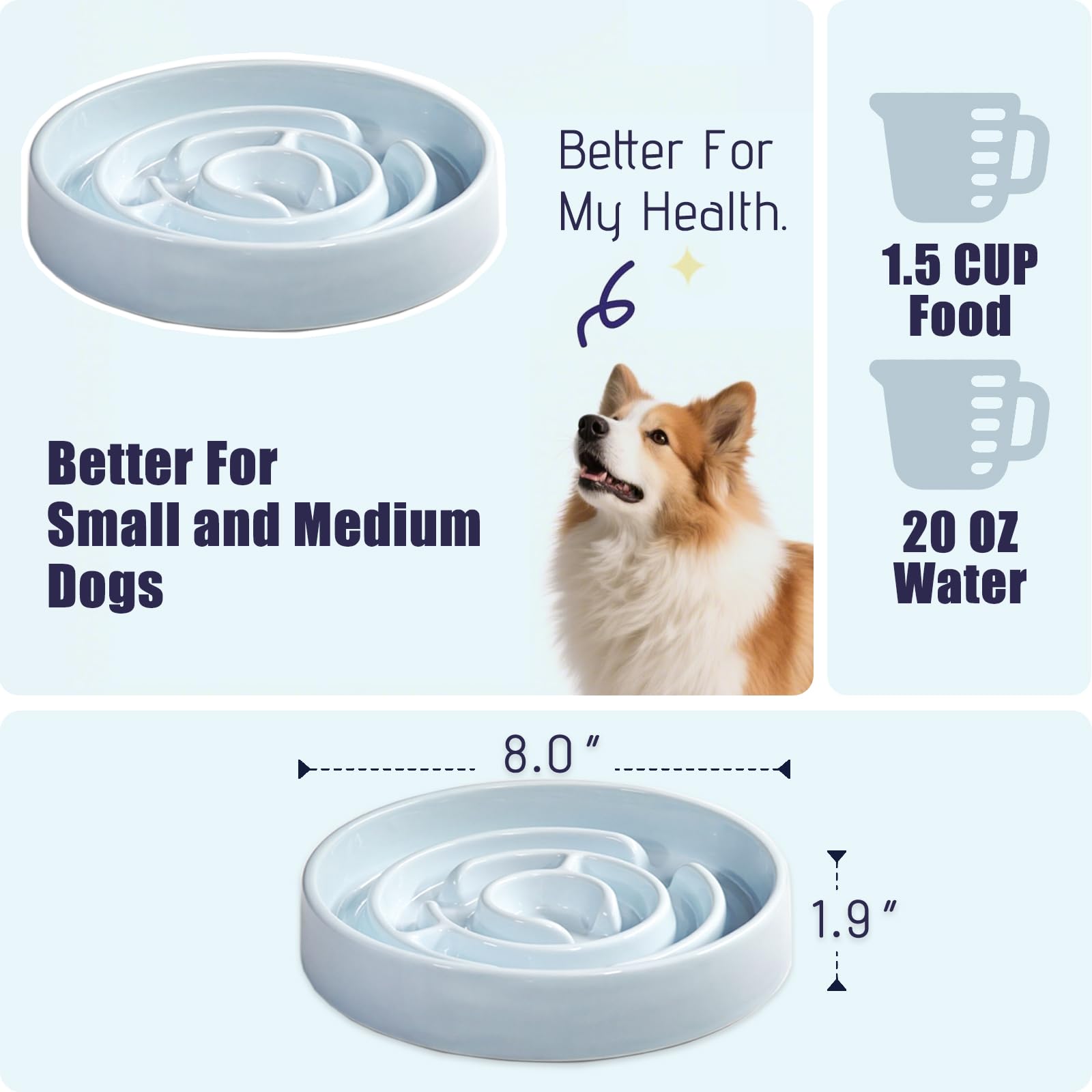 Soniuong Ceramic Slow Feeder Bowl blue maze-pattern demonstrates slow eating design.