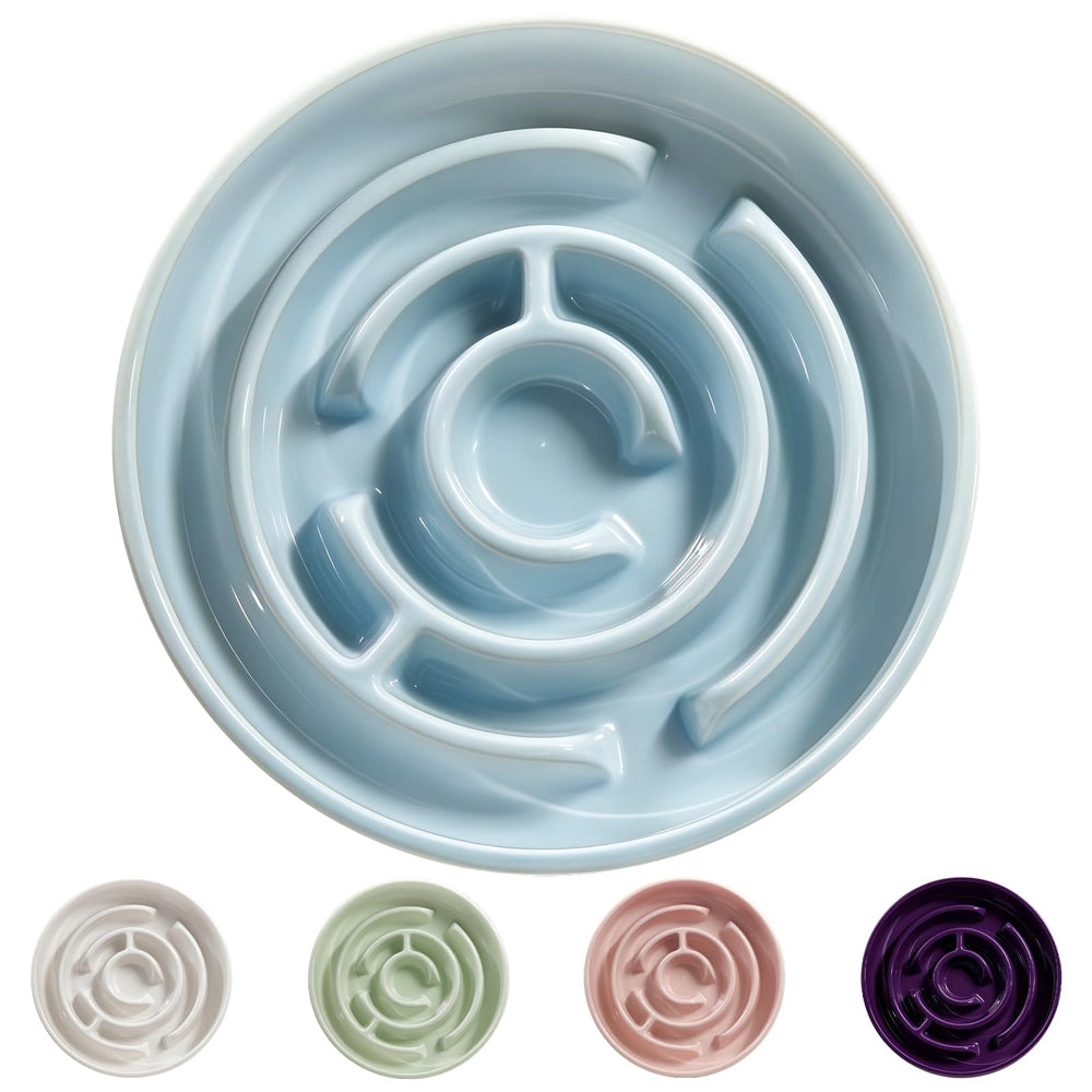 Soniuong Ceramic Slow Feeder Bowl blue side view shows a stable base for mess-free meals.