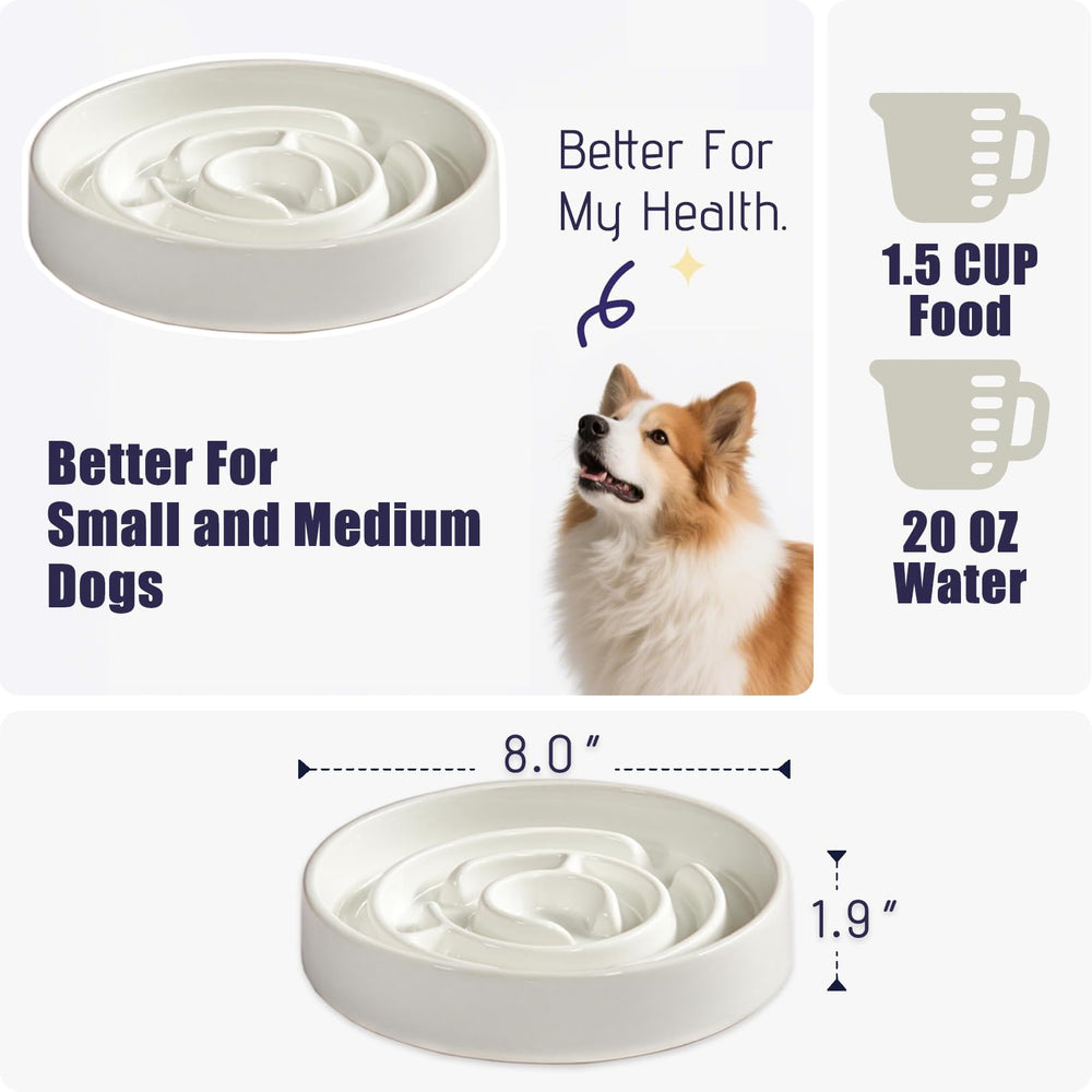 Soniuong ceramic slow-feeder bowl top view reduces gulping and bloat risk.