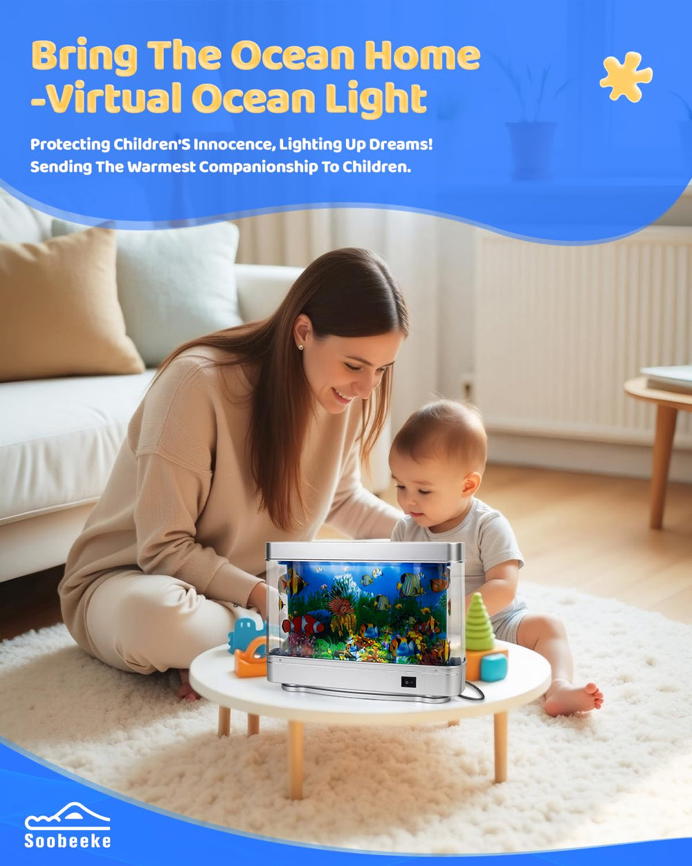Soobeeke LED aquarium display adds vibrant color and motion to living spaces.
