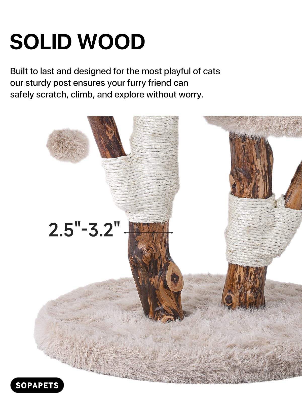 Sopapets Aesthetic Cat Tree plush faux fox fur adds luxurious comfort for calm naps.