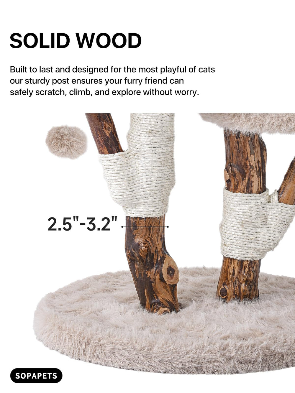 Sopapets Aesthetic Cat Tree plush faux fox fur adds luxurious comfort for calm naps.