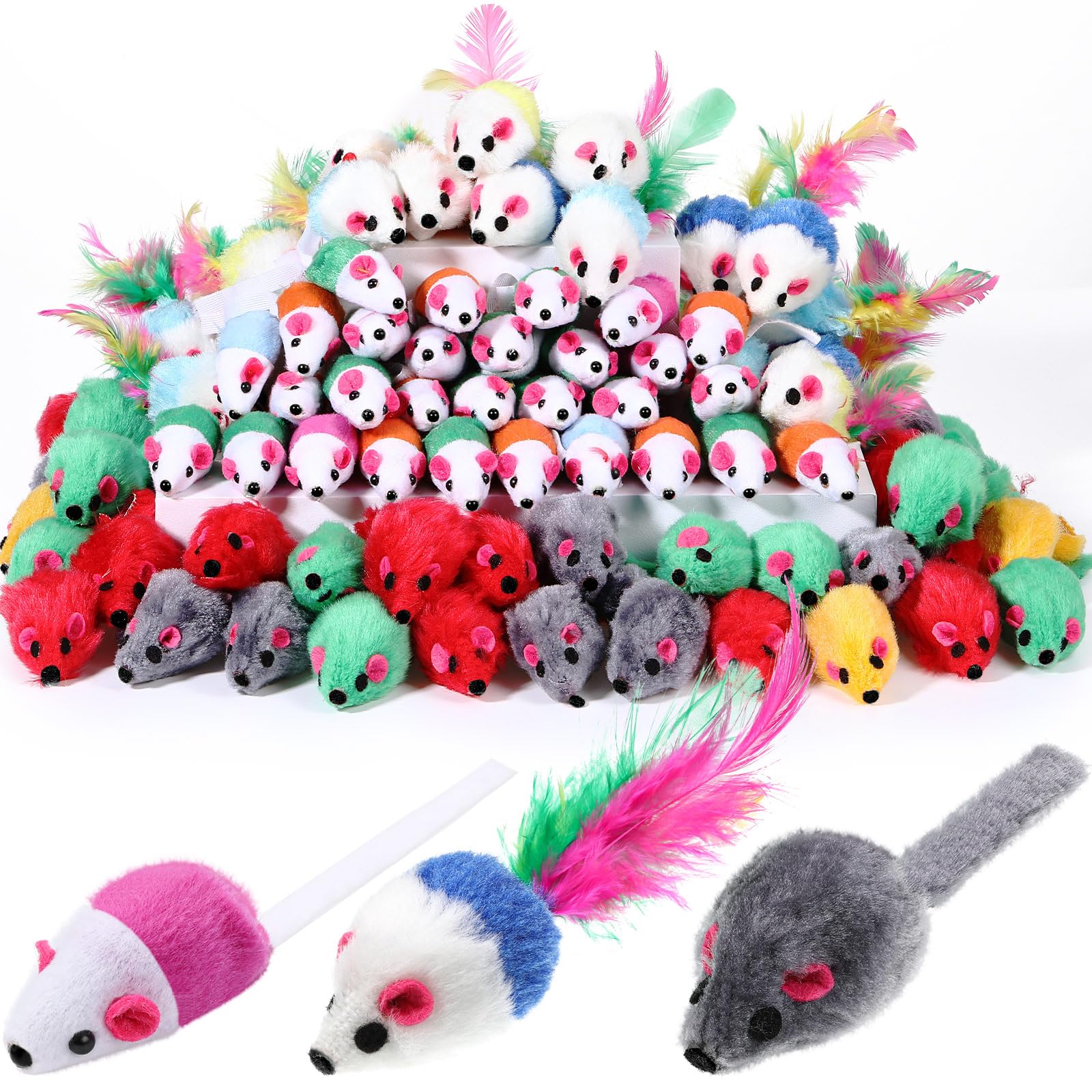 Sosation 100pcs cat mouse toys pack soft plush rattle mice for indoor play