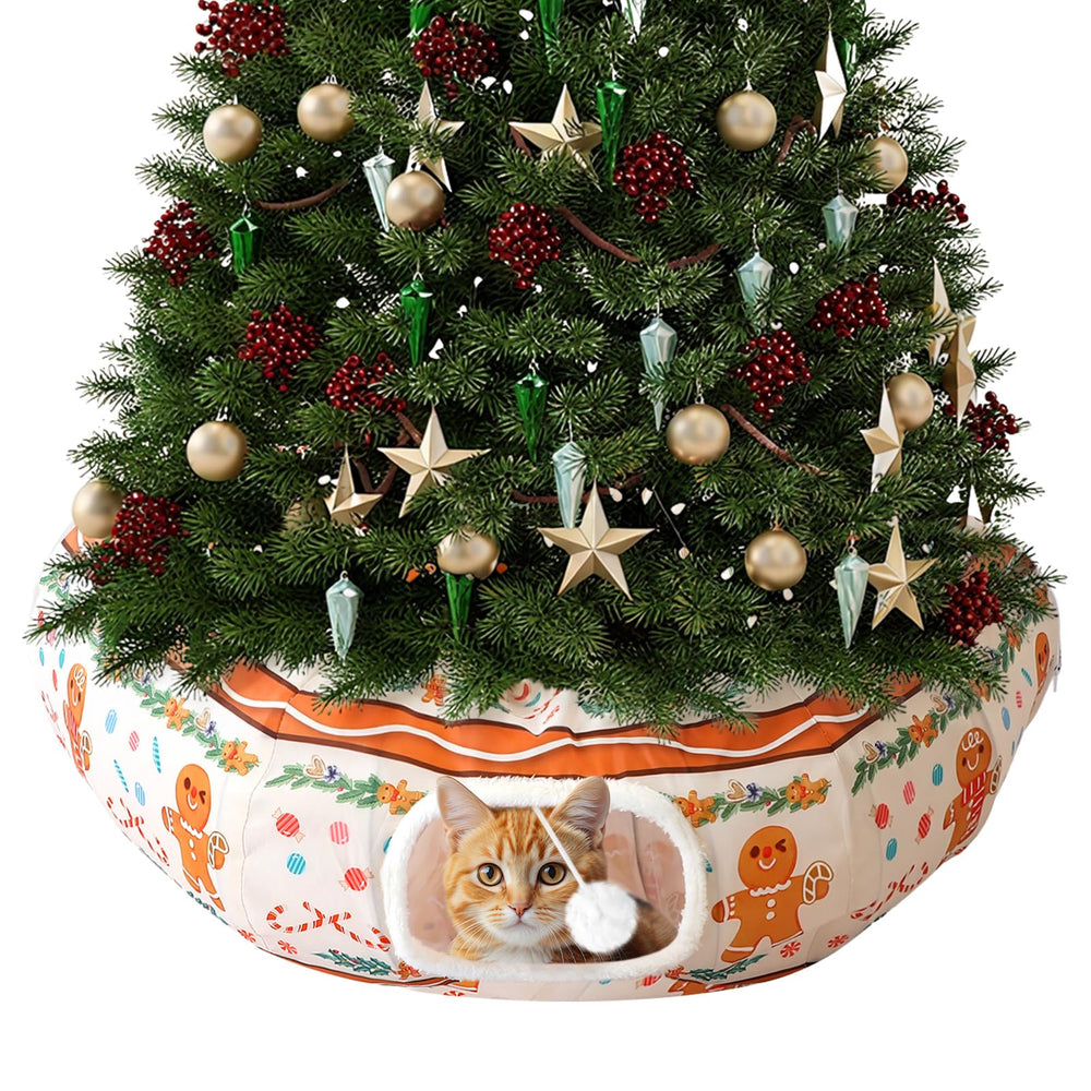Sosation cat tunnel bed under Christmas tree featuring gingerbread-man design for festive cuddles