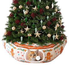Sosation cat tunnel bed under Christmas tree featuring gingerbread-man design for festive cuddles