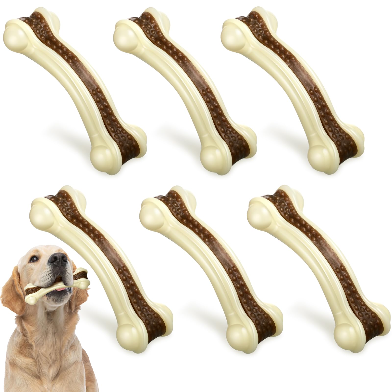 Sosation six-pack bone chews for aggressive chewers—durable, beef-flavored chews.