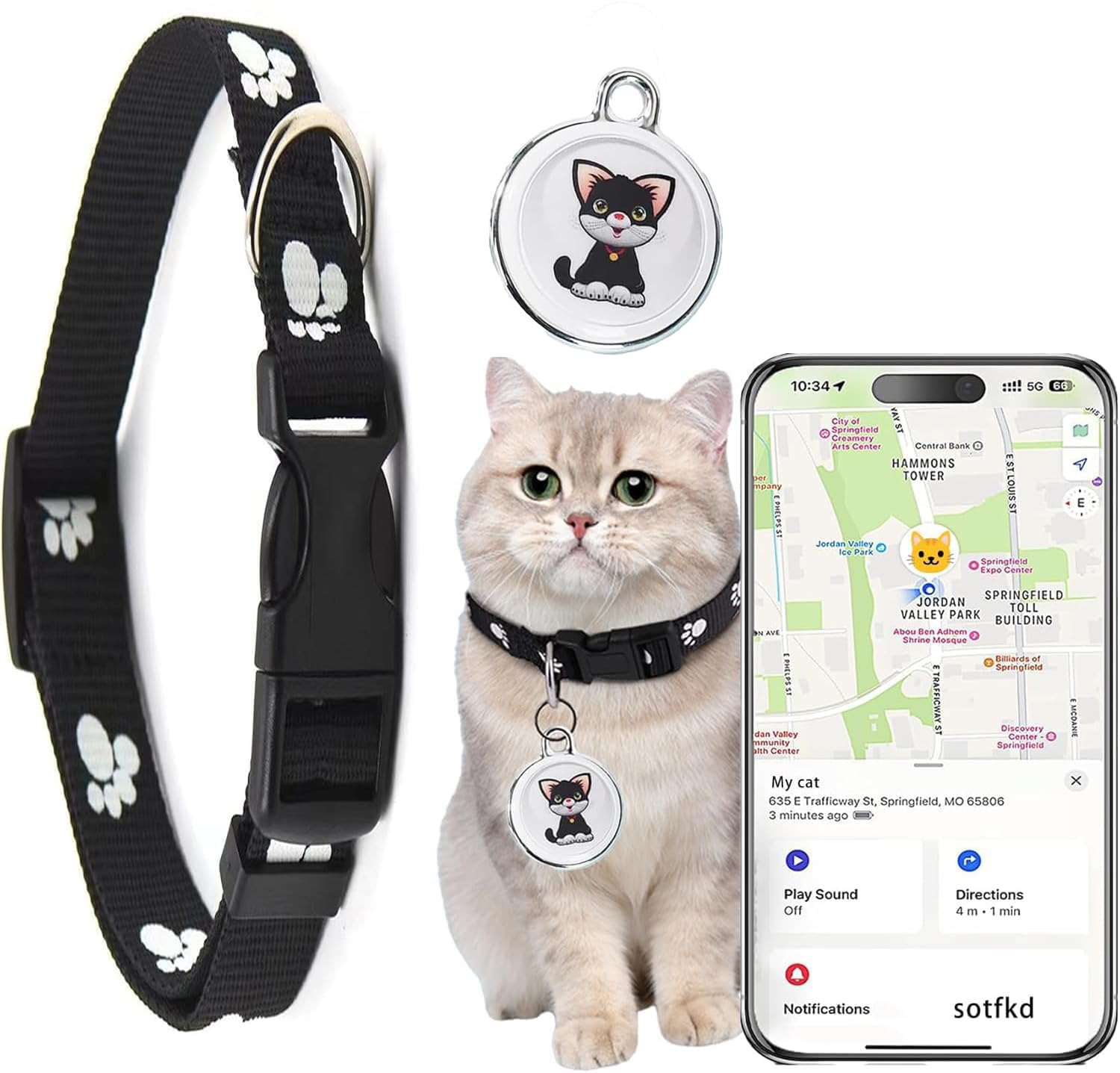 sotfkd cat tracke collar on a cat collar enables quick location tracking on the go.