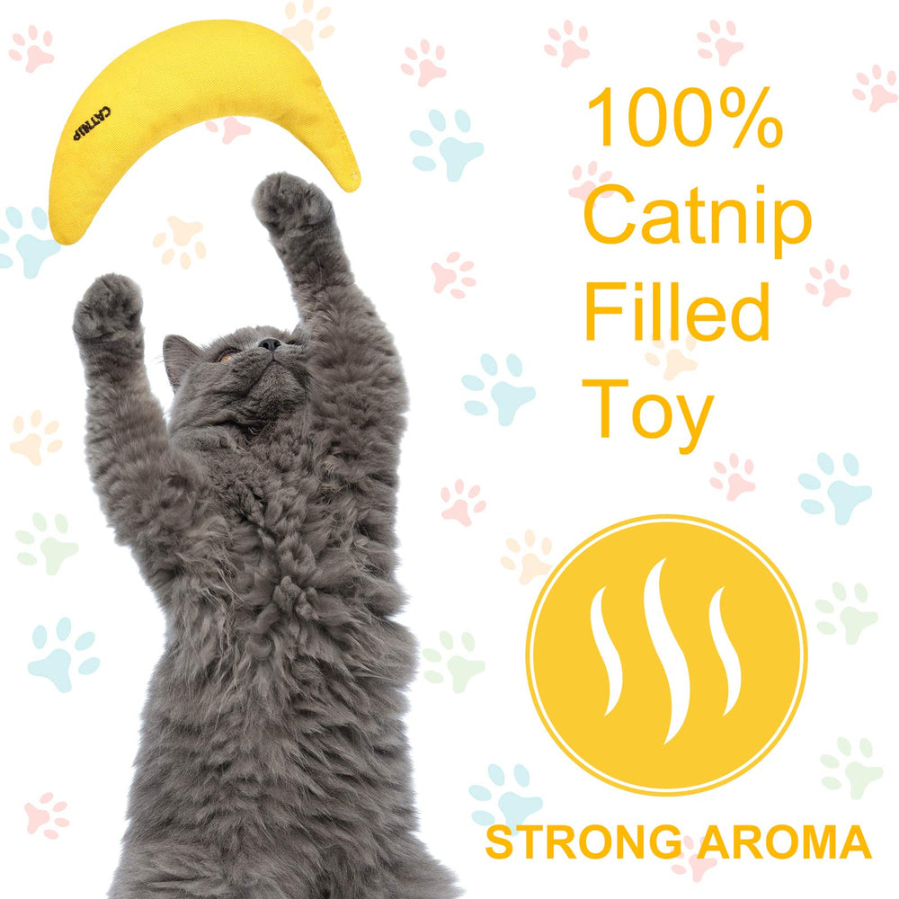 Sotiff catnip-filled yellow banana toy closeup highlighting fragrant appeal and safe chewing.