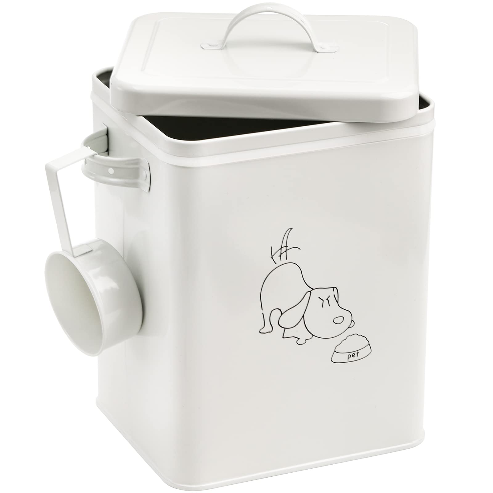 SOUJOY pet treat storage bin with lid and scoop in white keeps treats accessible and organized.