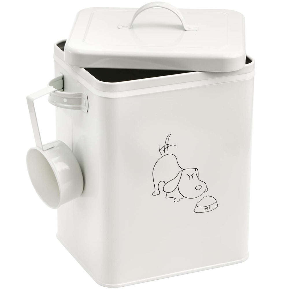SOUJOY pet treat storage bin with lid and scoop in white keeps treats accessible and organized.