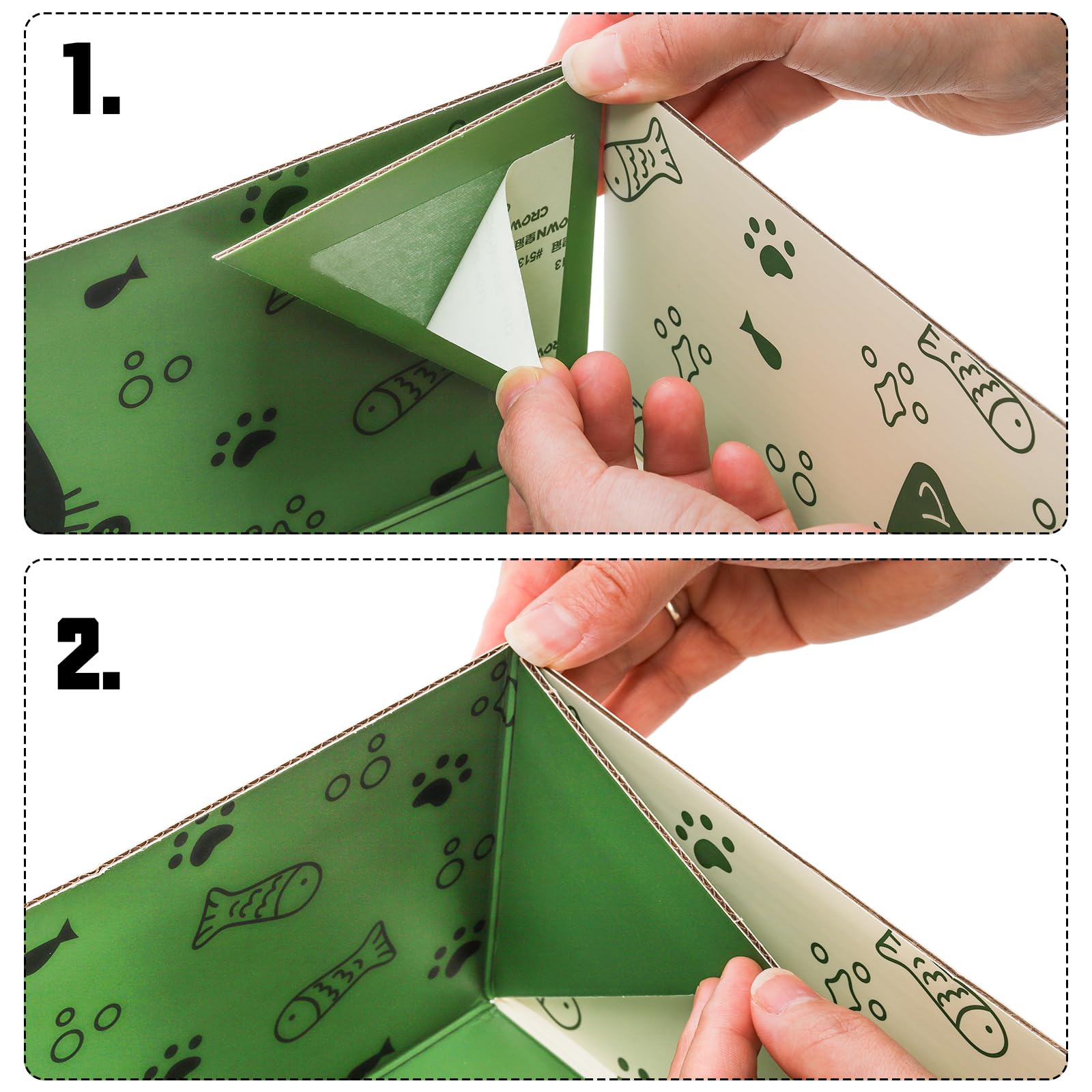 SOUJOY thick cardboard litter box being assembled with sticker for guidance.