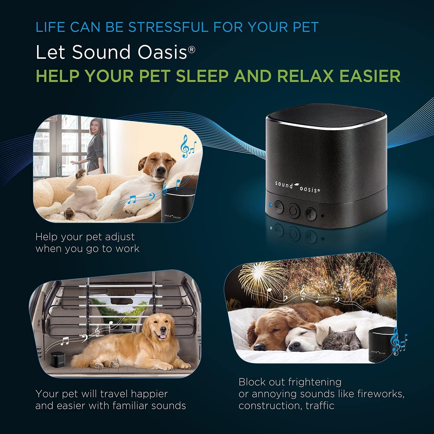 Sound Oasis sound machine with a relaxed dog benefiting from calming tracks