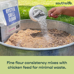 Southside Plants Oyster Shell Flour scoop shows quick integration into daily chicken rations