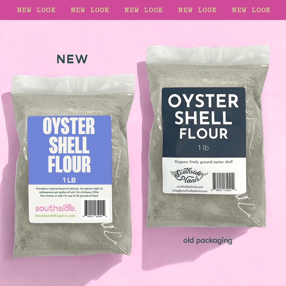 Southside Plants Oyster Shell Flour label emphasizes calcium and safe usage for multiple species