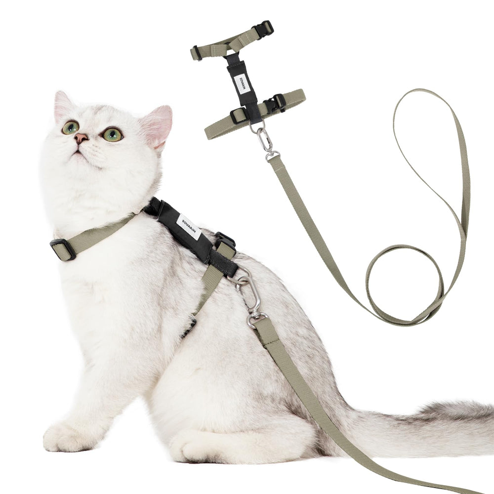 Sovarin cat harness olive green front view for outdoor walks.