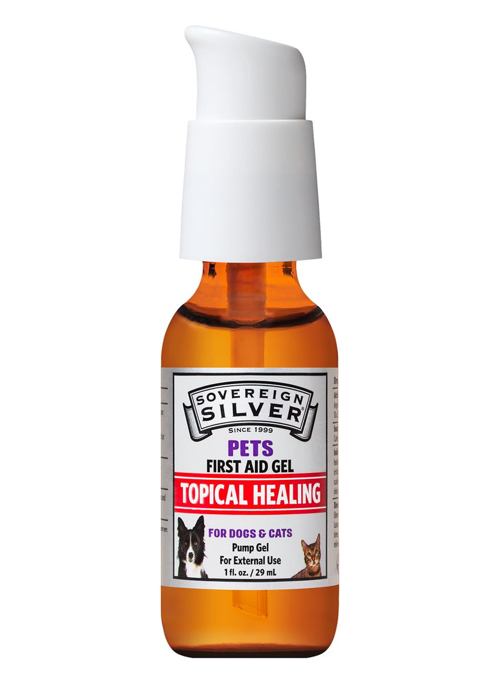 Sovereign Silver PETS First Aid Gel application pump shown for simple pet wound care.