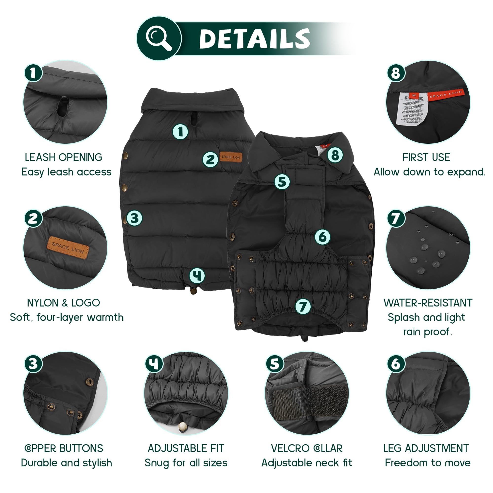 Space Lion dog puffer jacket chest adjustment for customizable snugness during play.