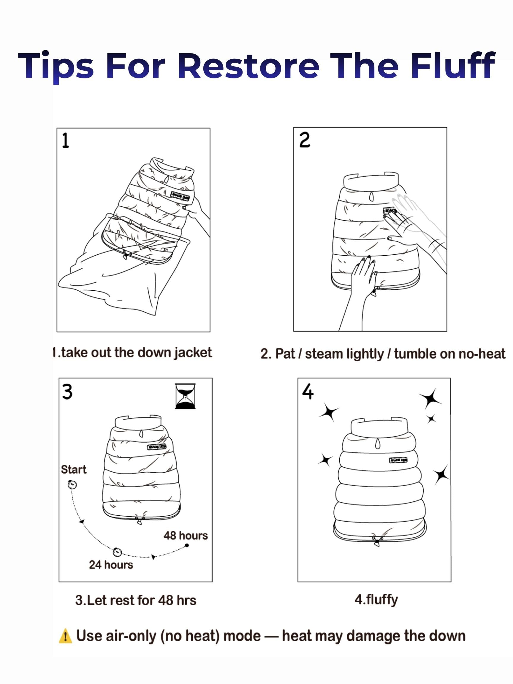 Space Lion dog puffer jacket packable design easy to store during travel.