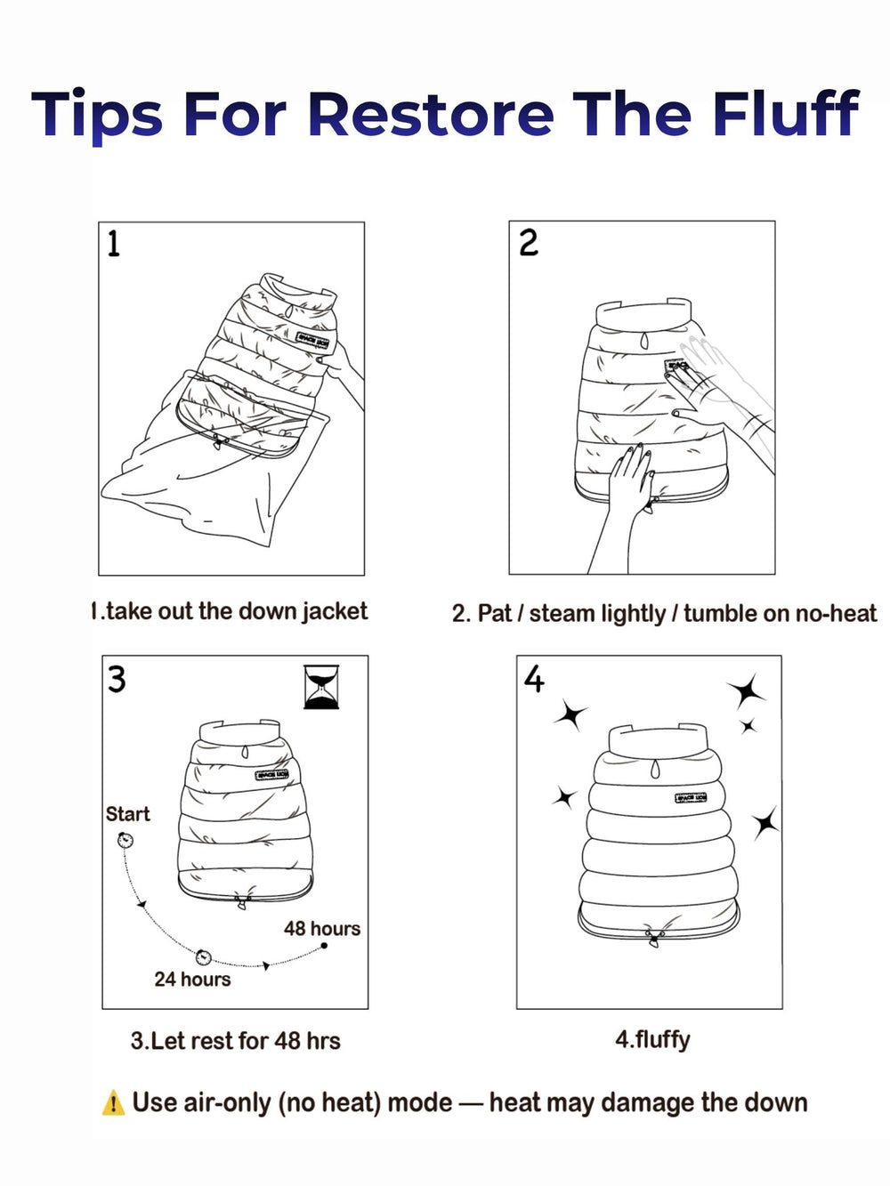 Space Lion dog puffer jacket packable design easy to store during travel.