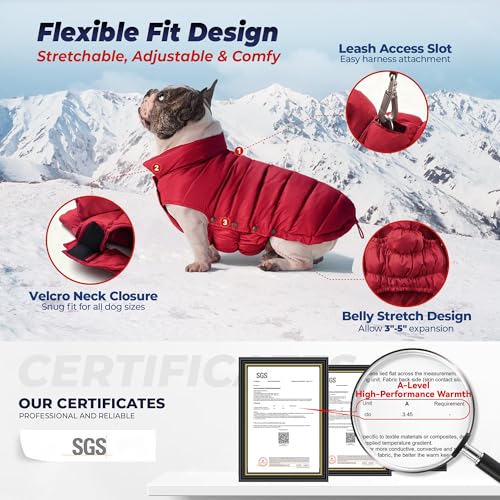 SPACE LION dog puffer jacket red size chart helps find the perfect fit.