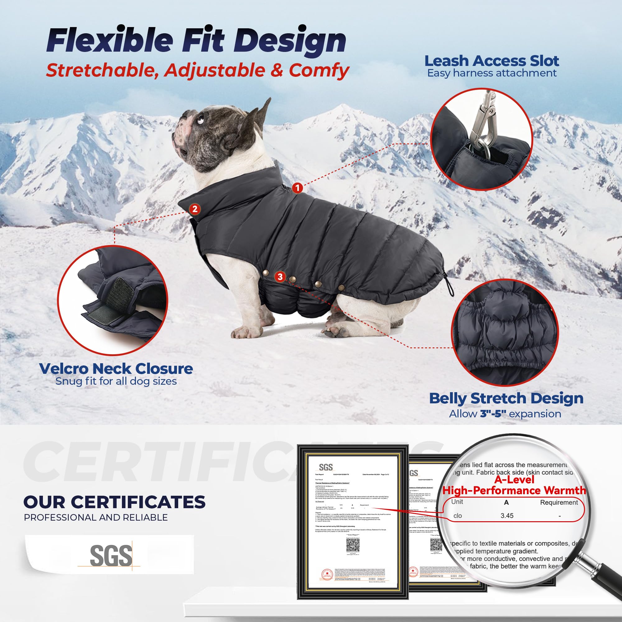Space Lion dog puffer jacket side view demonstrates slim fit and easy movement.
