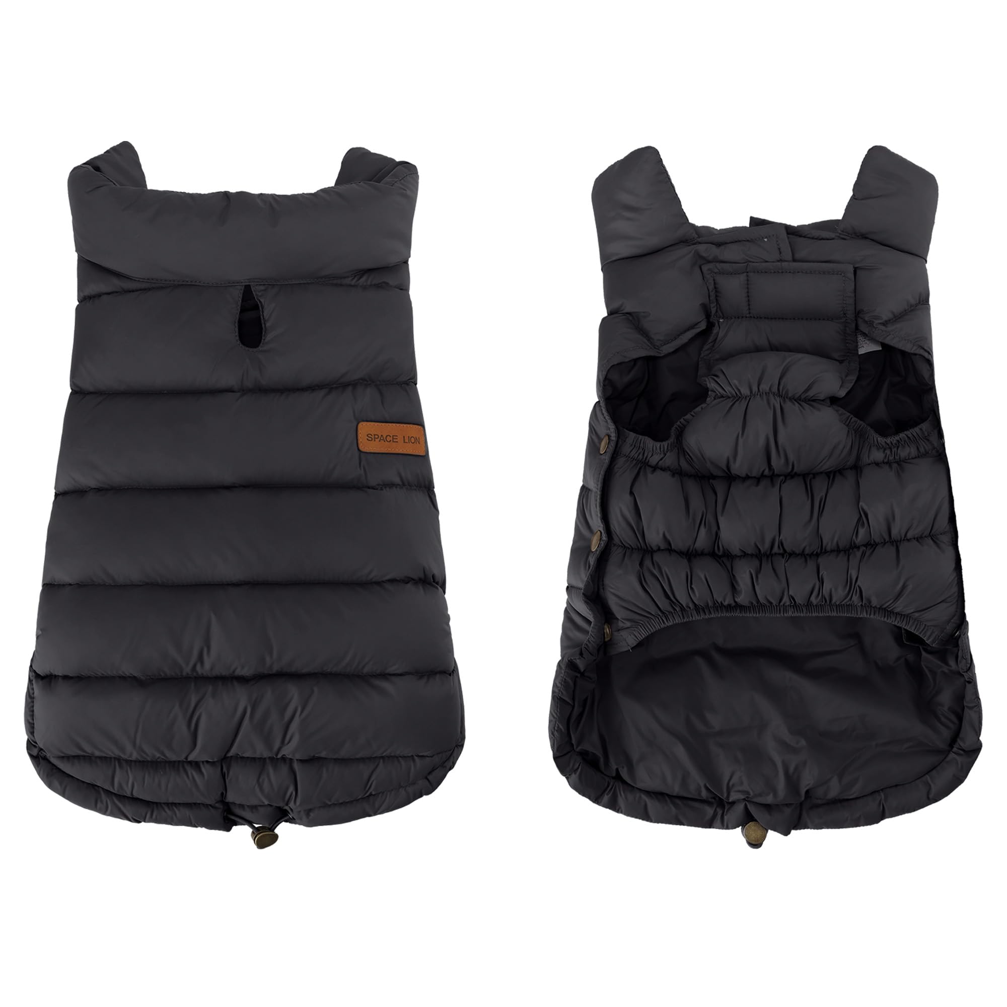 Space Lion dog puffer jacket tail drawstring for customizable length and coverage.